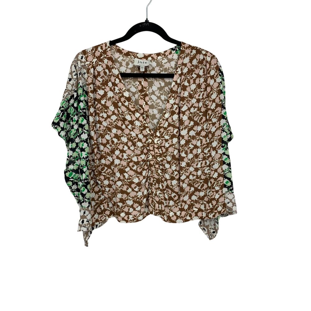 Joie Top Womens Small Multicolor Mixed Floral Deep V-Neck Cropped Kimono Sleeves